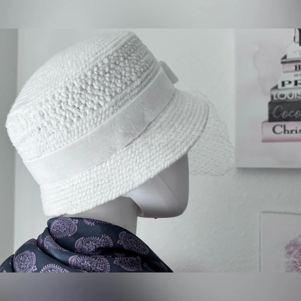 Everitt Vintage Hat Wool bucket bow fishnet face cover Cream White 6.75” Opening - Picture 3 of 9